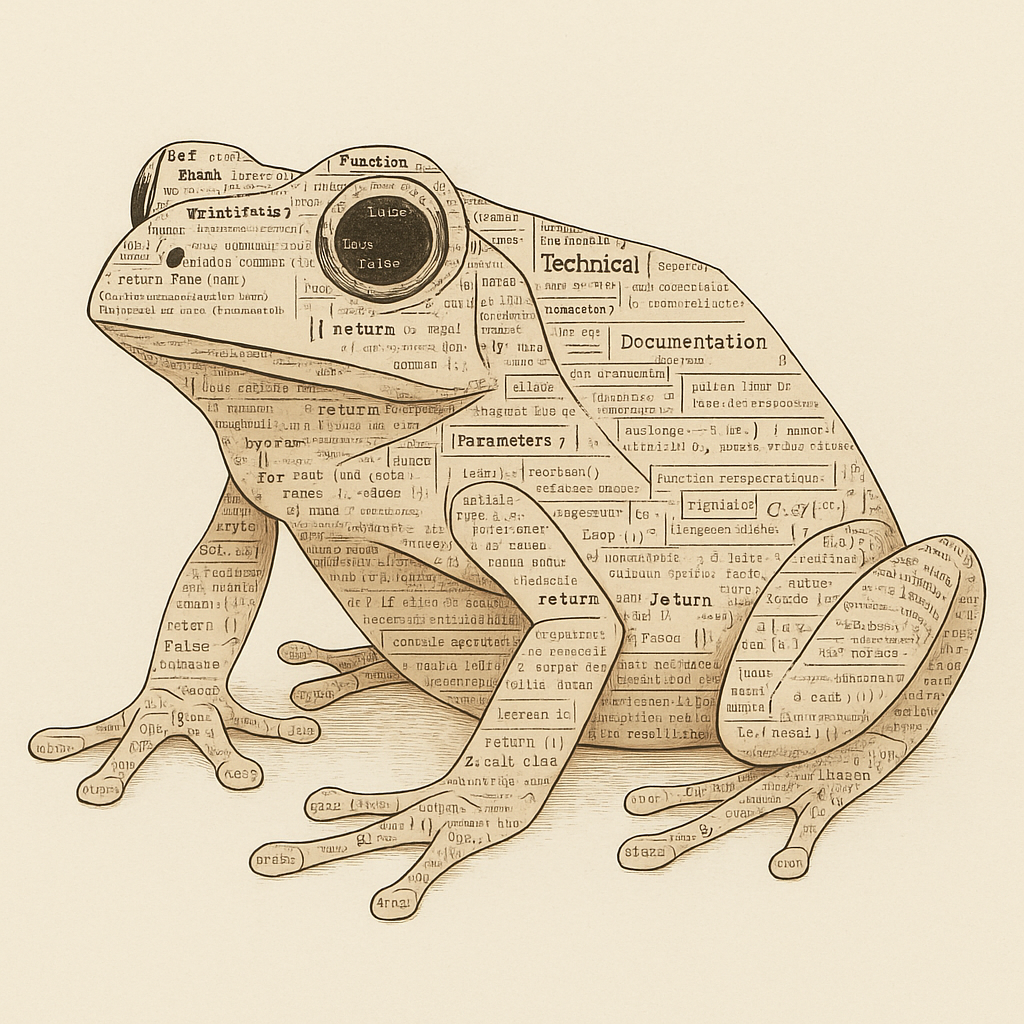 A frog-shaped digital collage made from programming code and technical documentation snippets, featuring visible keywords and syntax like “return”, “false”, and “function”, arranged to form a realistic frog on a light background.